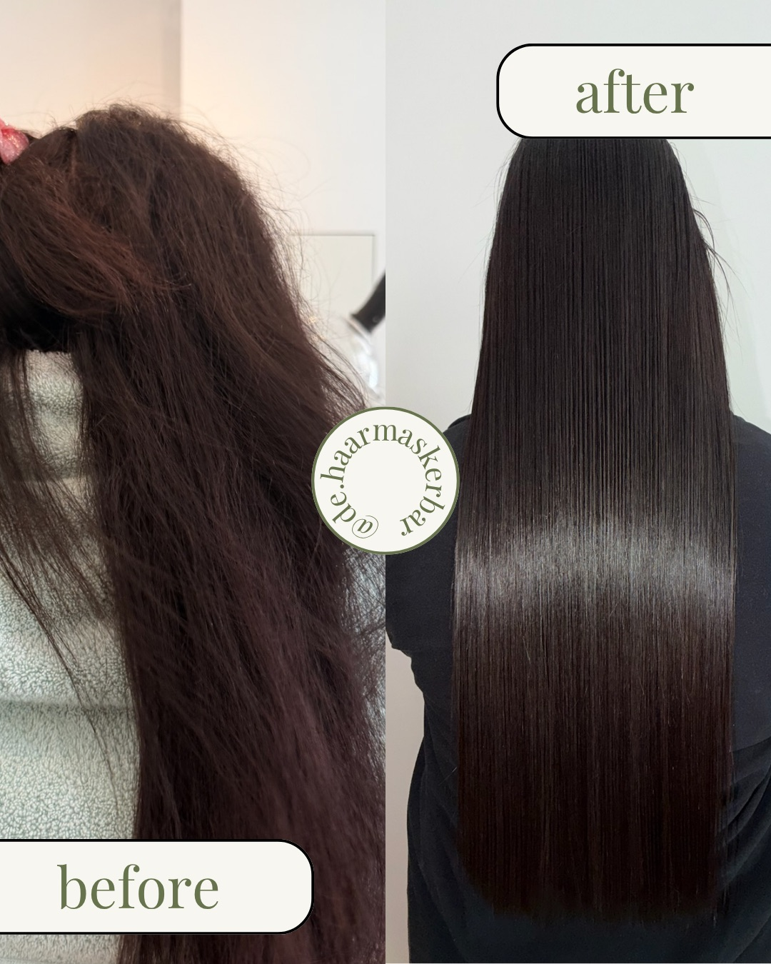 Before en after: glanzend, gladgemaakt donker haar na haarbotox