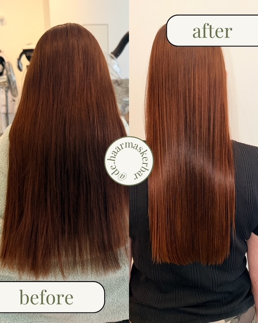 Before en after: koperrood haar met spiegelglans na haarbotox
